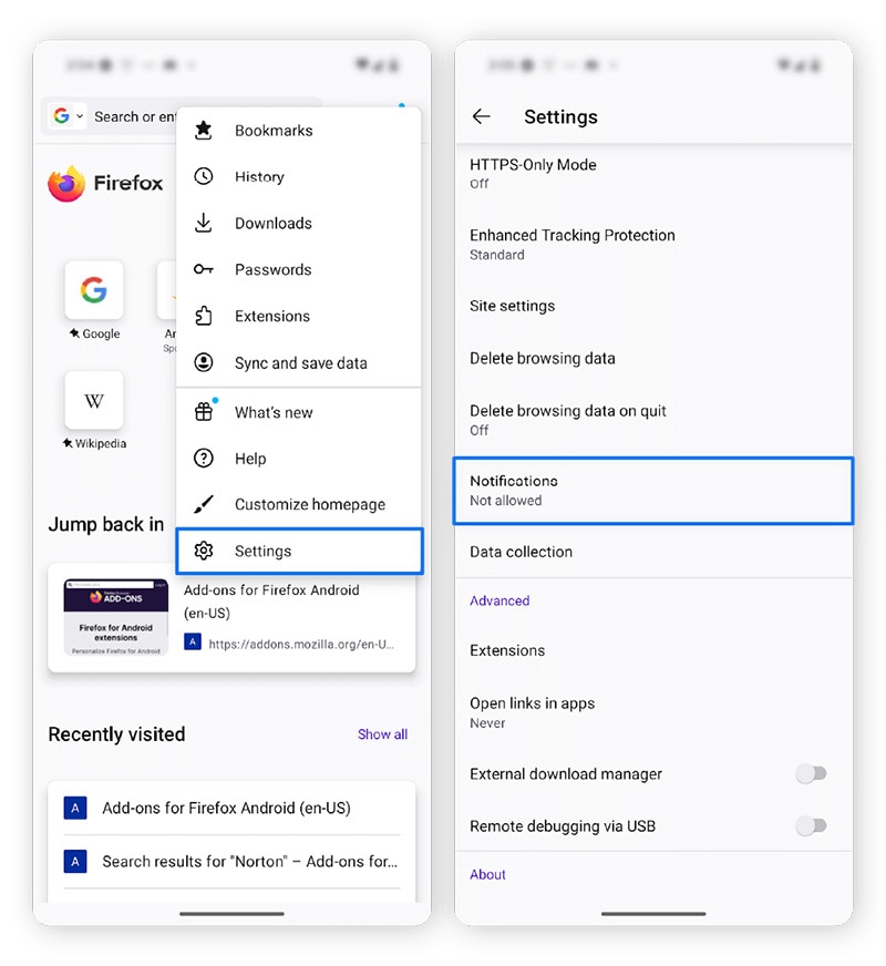 Captures d'écran montrant comment bloquer les fenêtres contextuelles dans Firefox pour Android.