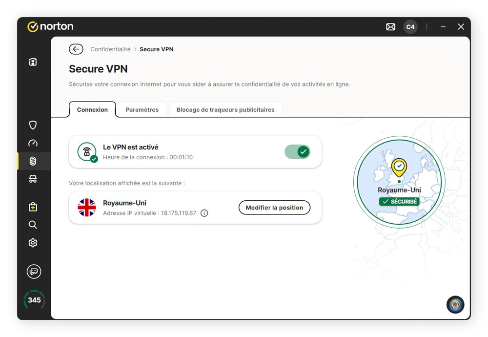 Capture d'écran de l'interface de Norton Secure VPN.