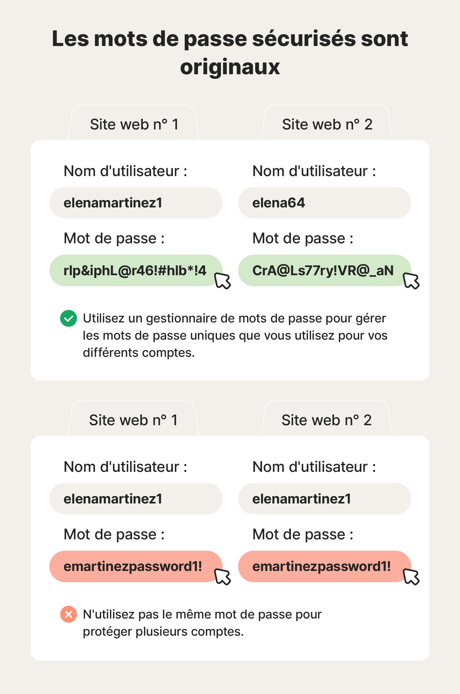 Exemple montrant comment vous pouvez utiliser un gestionnaire de mots de passe pour protéger et mémoriser vos mots de passe uniques et sécurisés.