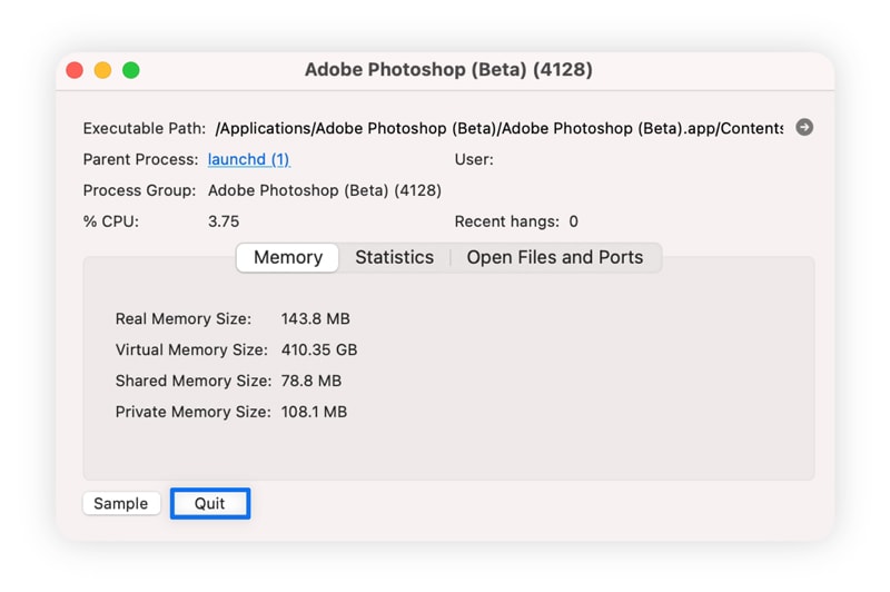 Une capture d'écran montrant comment quitter des programmes via le Moniteur d'activité Mac.