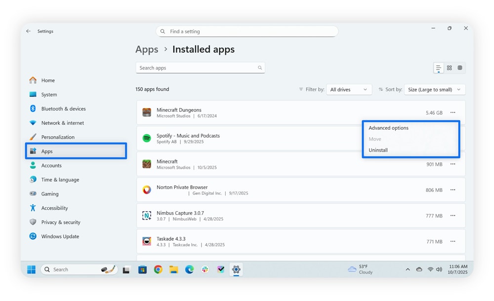 Capture d'écran montrant comment désinstaller des applications sur un ordinateur Windows.