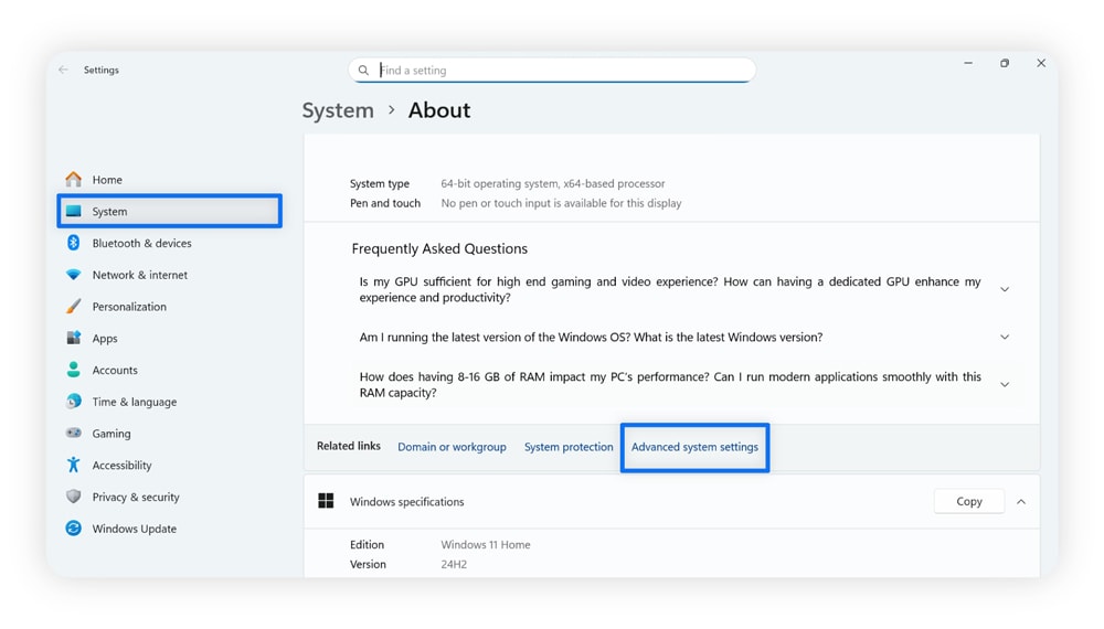 Capture d'écran montrant où trouver les Paramètres système avancés sur un ordinateur Windows.