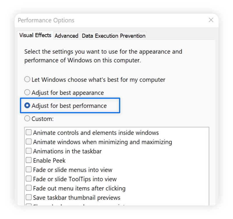 Capture d'écran montrant comment ajuster les effets visuels pour de meilleures performances.