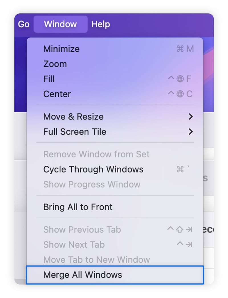 Capture d'écran montrant comment fusionner les fenêtres du Finder.