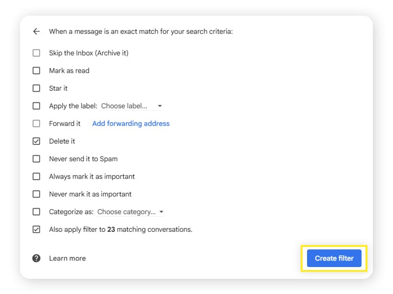 Capture d'écran montrant comment supprimer automatiquement des e-mails à l'aide d'un filtre dans Gmail.