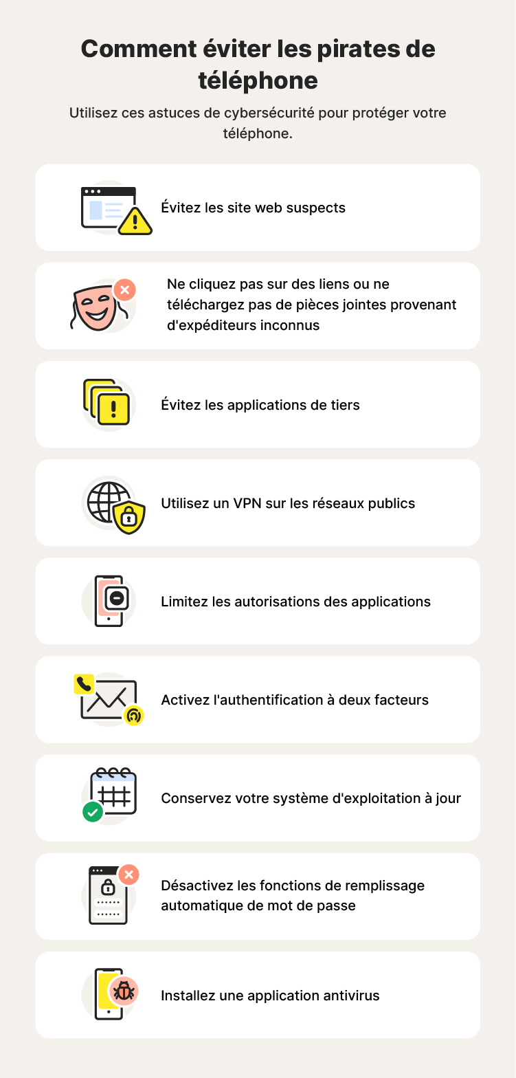 Neuf illustrations accompagnent les conseils de protection contre le piratage téléphonique que vous pouvez apprendre en cherchant « Que faire en cas de piratage de mon téléphone ? ».