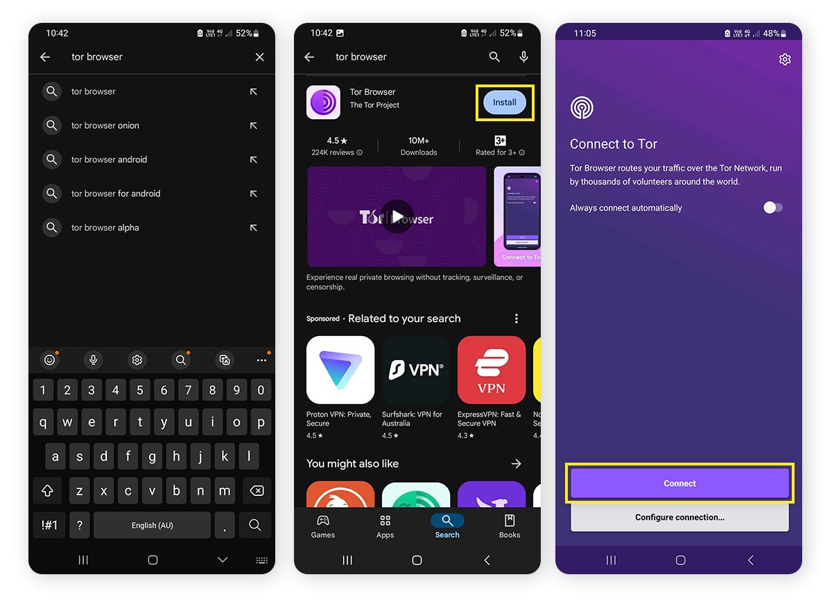 Installation du navigateur Tor et connexion sur Android.