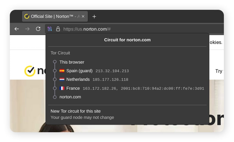 Image montrant les différents nœuds d'un circuit Tor.