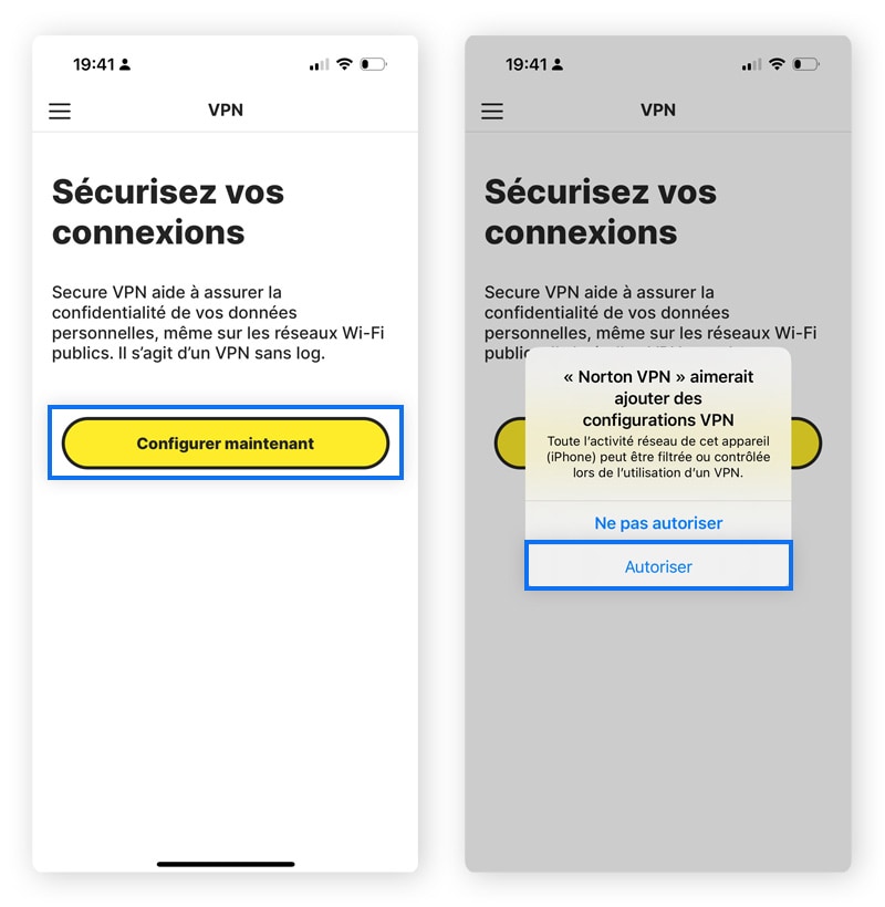 Captures d'écran montrant comment configurer l'application Norton VPN sur un iPhone.