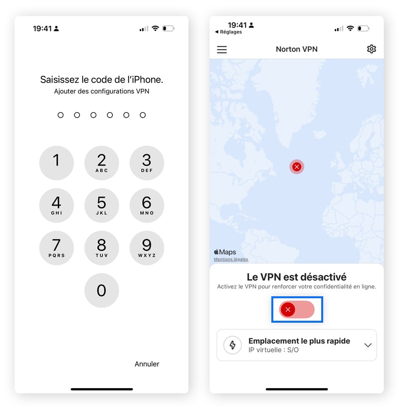 Capture d'écran montrant comment laisser Norton VPN configurer vos paramètres sur un iPhone. 