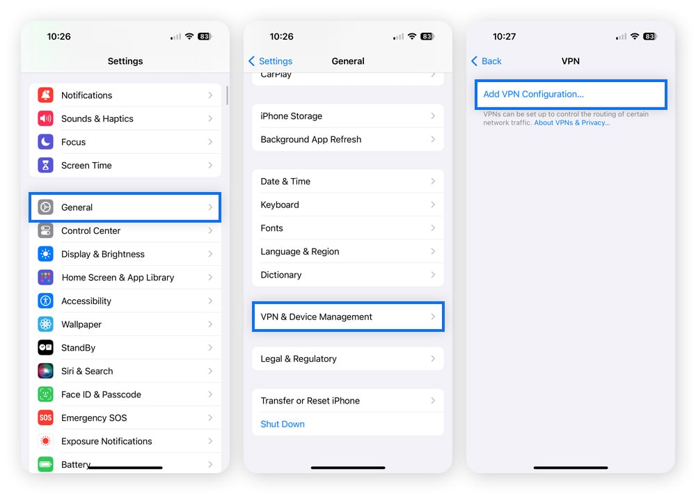 Captures d'écran montrant comment configurer les paramètres VPN sur un iPhone. 