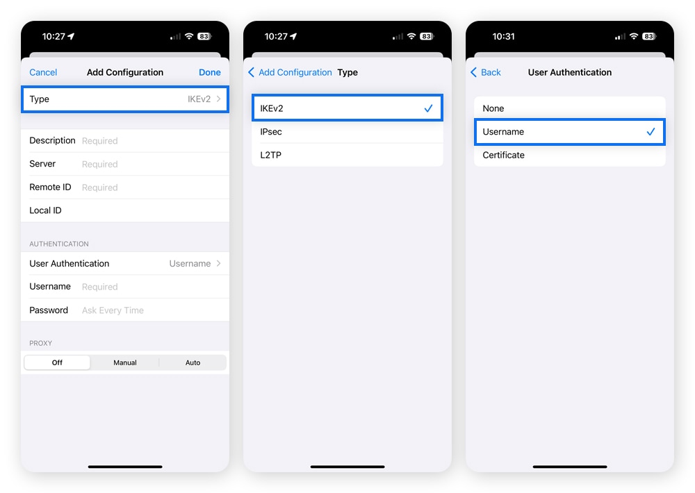 Captures d'écran montrant comment configurer les paramètres VPN sur un iPhone. 