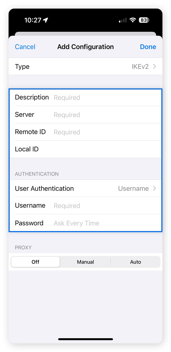 Captures d'écran montrant comment configurer les paramètres VPN sur un iPhone.