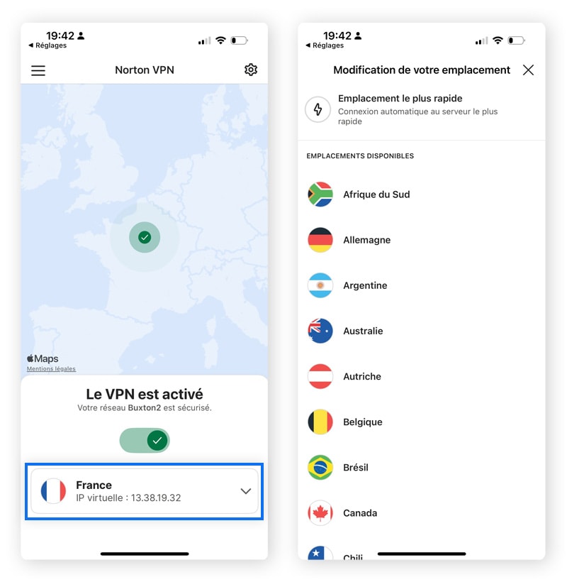 Captures d'écran montrant comment utiliser un VPN pour changer d'emplacement sur un iPhone.