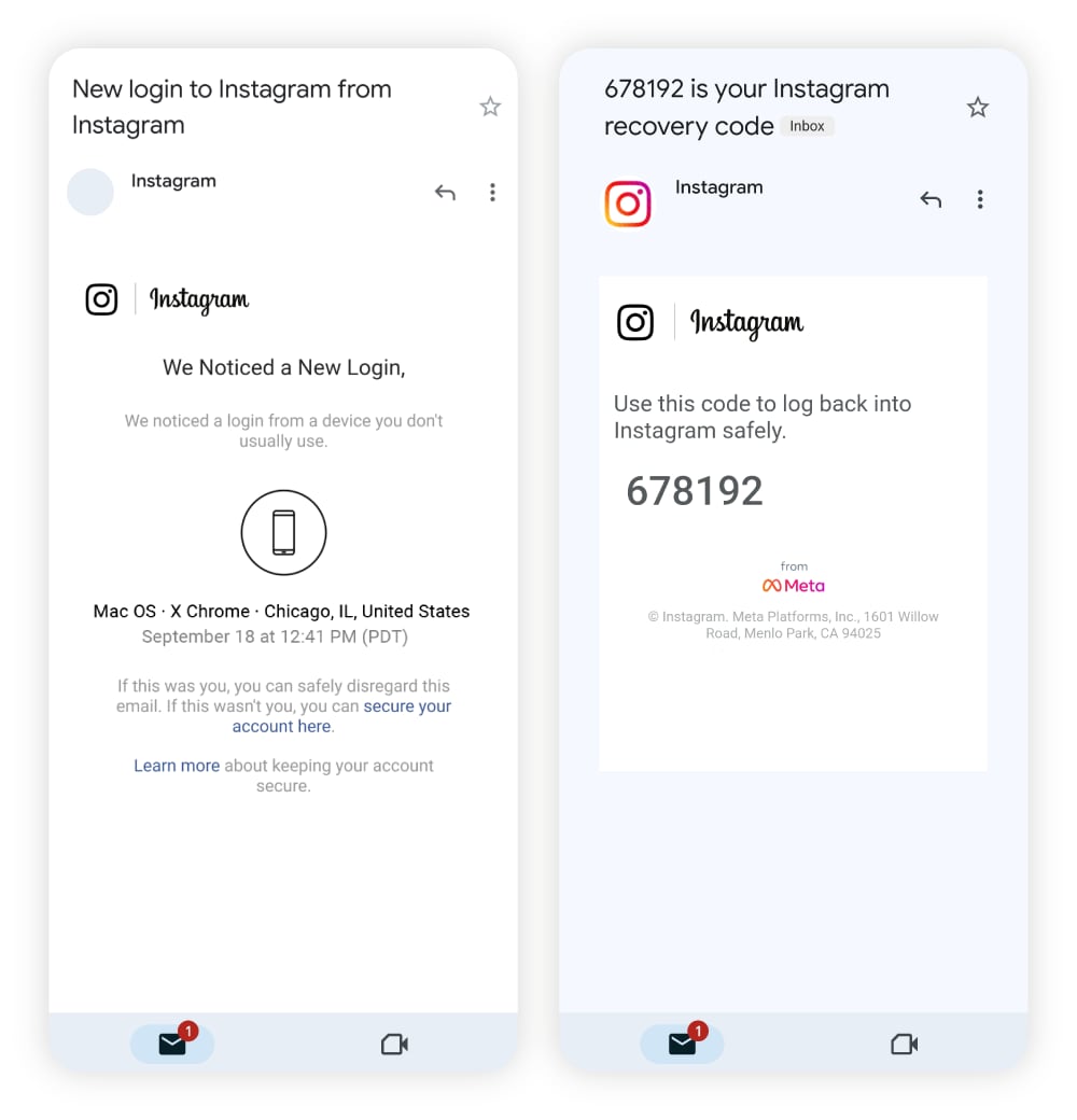 Captures d'écran d'une nouvelle alerte e-mail de connexion et d'un code de récupération envoyé par Instagram.