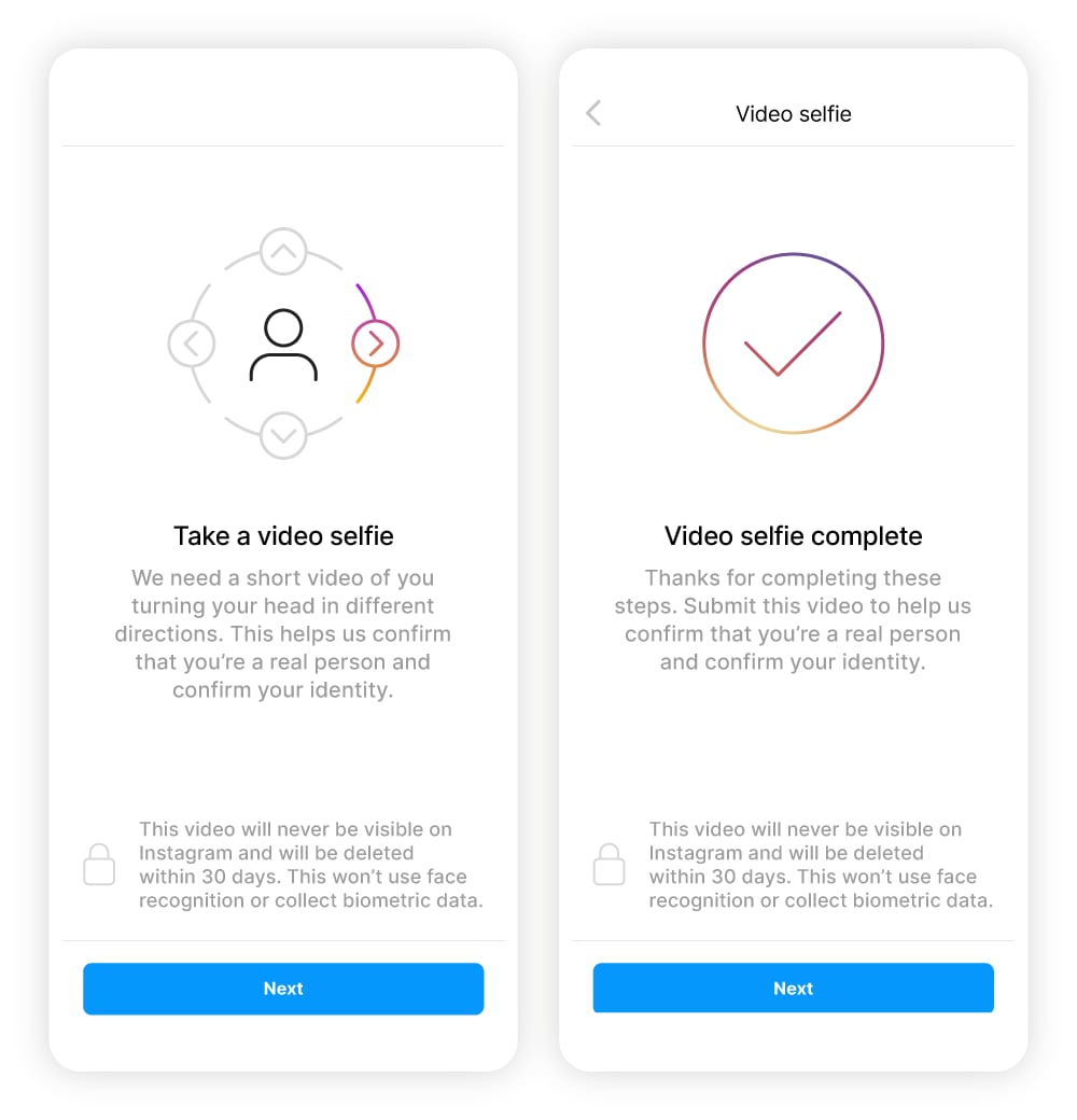 Captures d'écran de la fonction d'identification des selfies vidéo d'Instagram.