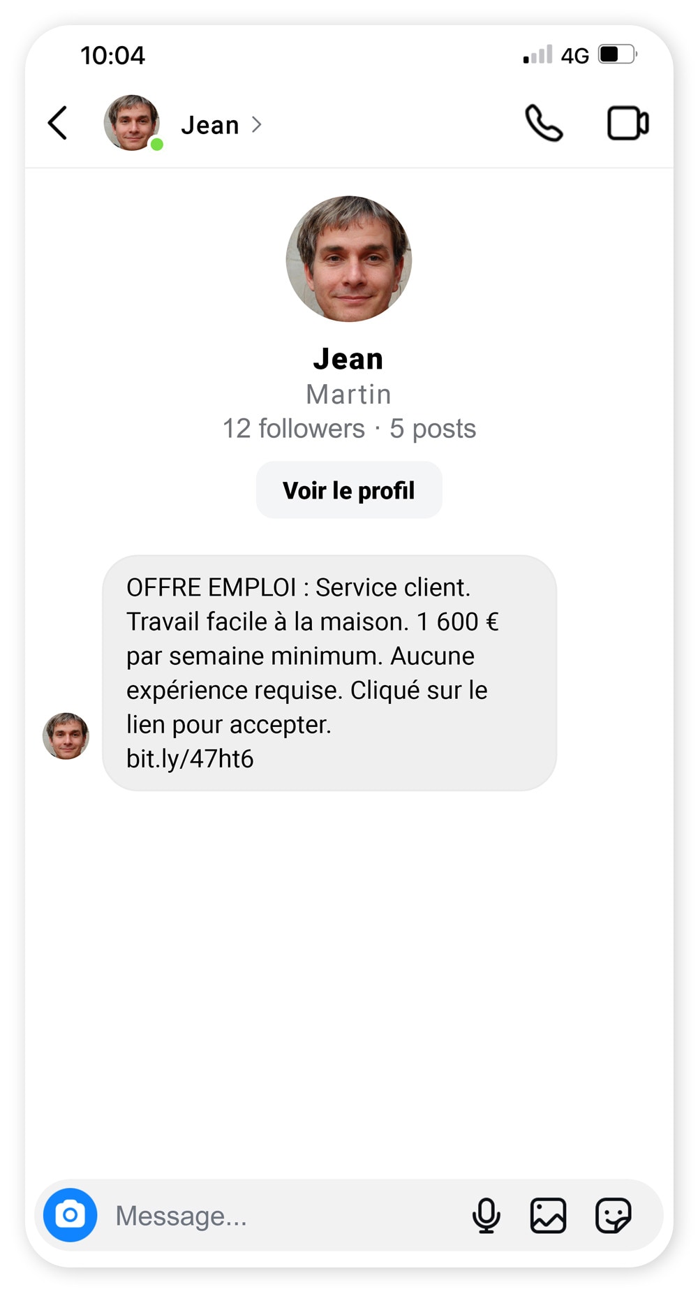 Capture d'écran d'un message d'escroquerie à l'offre d'emploi sur Instagram.