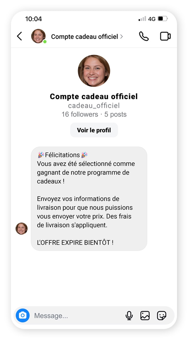 Capture d'écran d'un message d'escroquerie au cadeau sur Instagram.