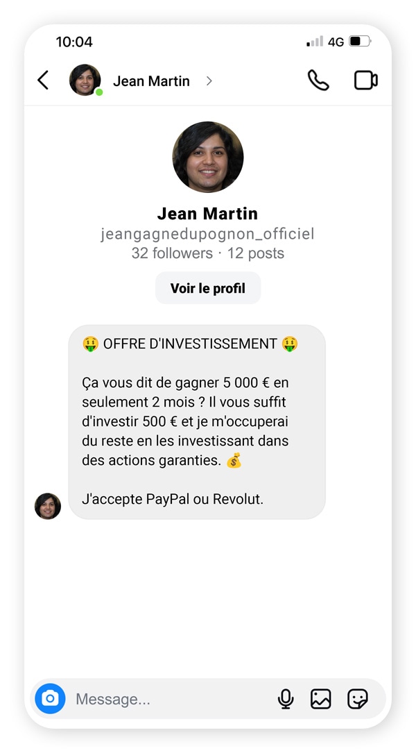 Capture d'écran d'un message d'escroquerie à l'investissement sur Instagram.