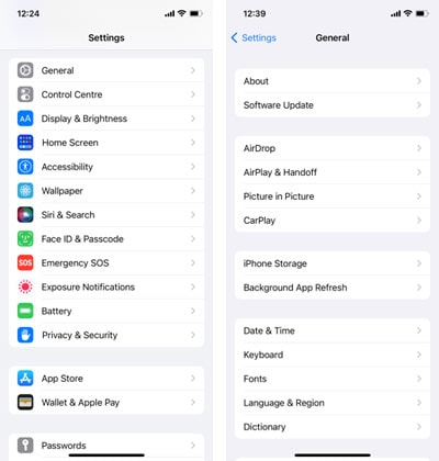 Navigation vers le menu Général dans les réglages d'iOS.