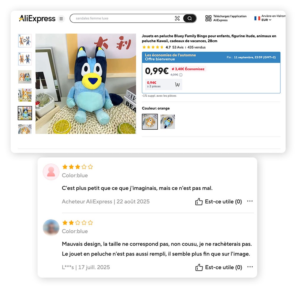 Avis sur une peluche vendue sur AliExpress indiquant que le jouet est plus petit que sur la photo et que dans la description.