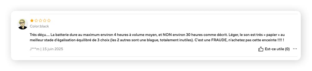 Un avis client sur AliExpress indiquant que le produit ne fonctionne pas.