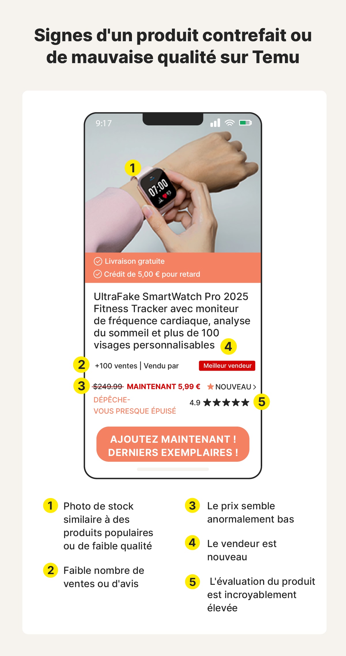 Exemple d'écran de commerce électronique montrant aux utilisateurs comment repérer les annonces honnêtes.