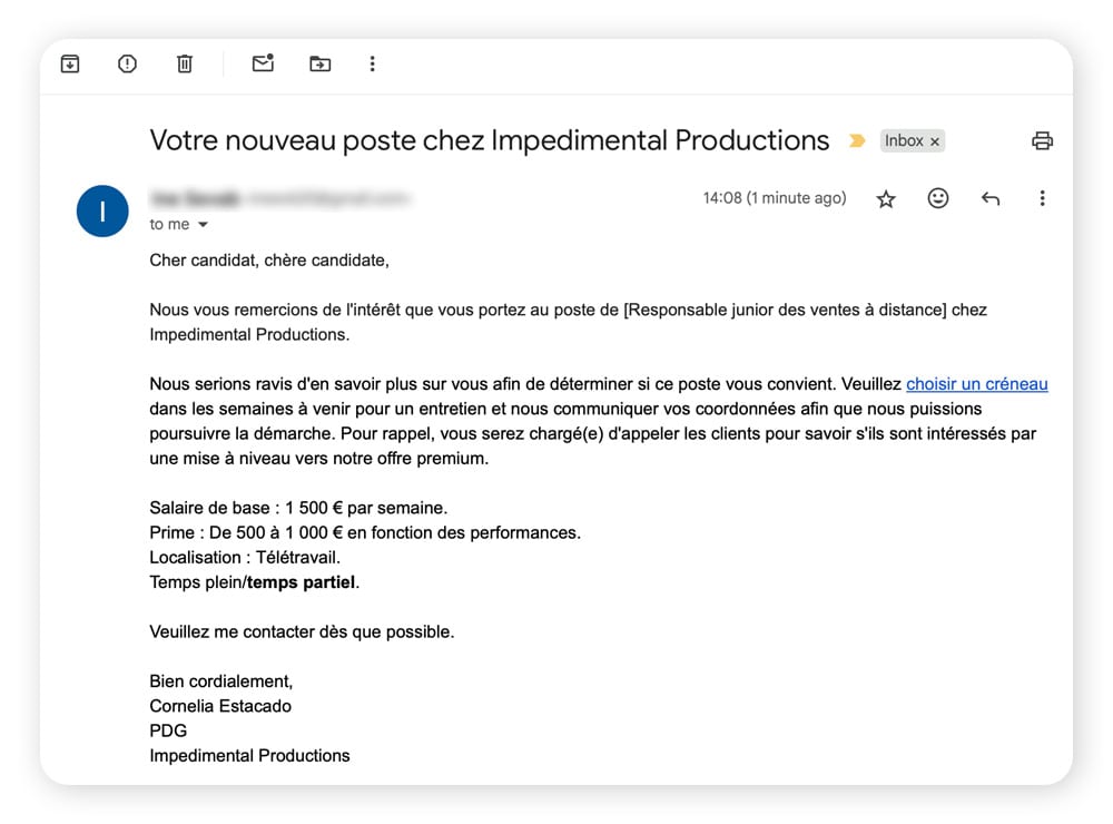 Un e-mail d'escroquerie à l'emploi contenant un lien de phishing.