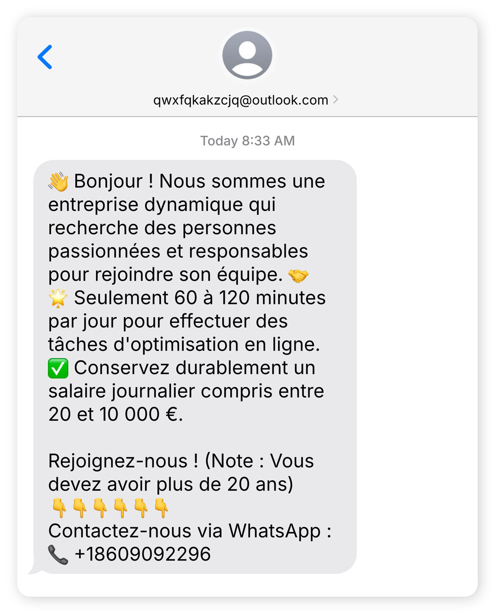 Un exemple de SMS d'escroquerie à l'emploi.
