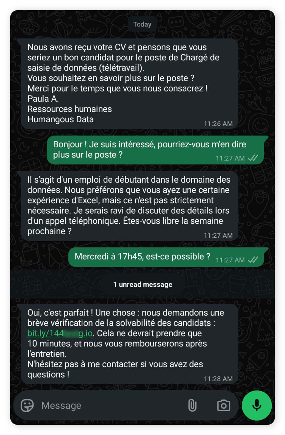 Capture d'écran d'une escroquerie à la vérification de rapport de crédit.