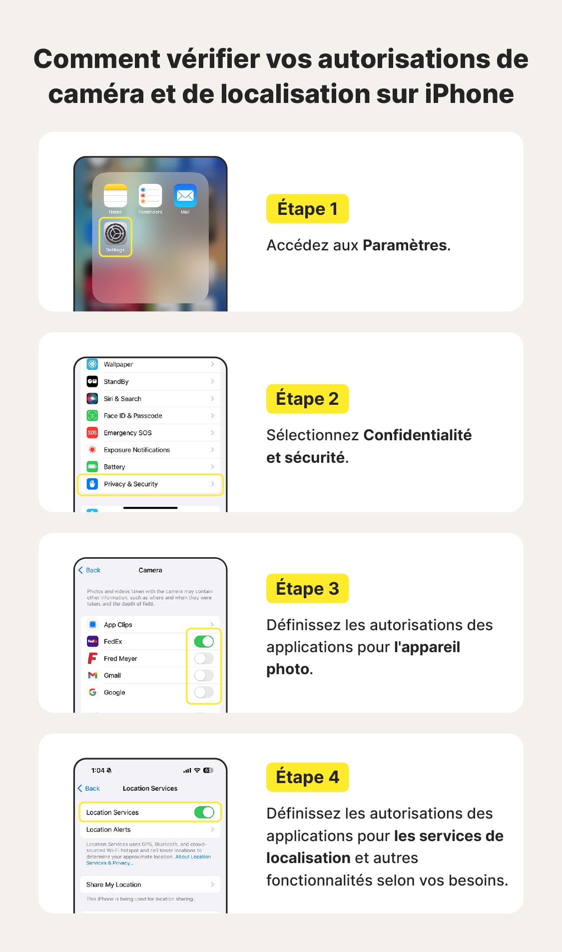 Étapes pour vérifier les autorisations de caméra et de localisation sur un iPhone.