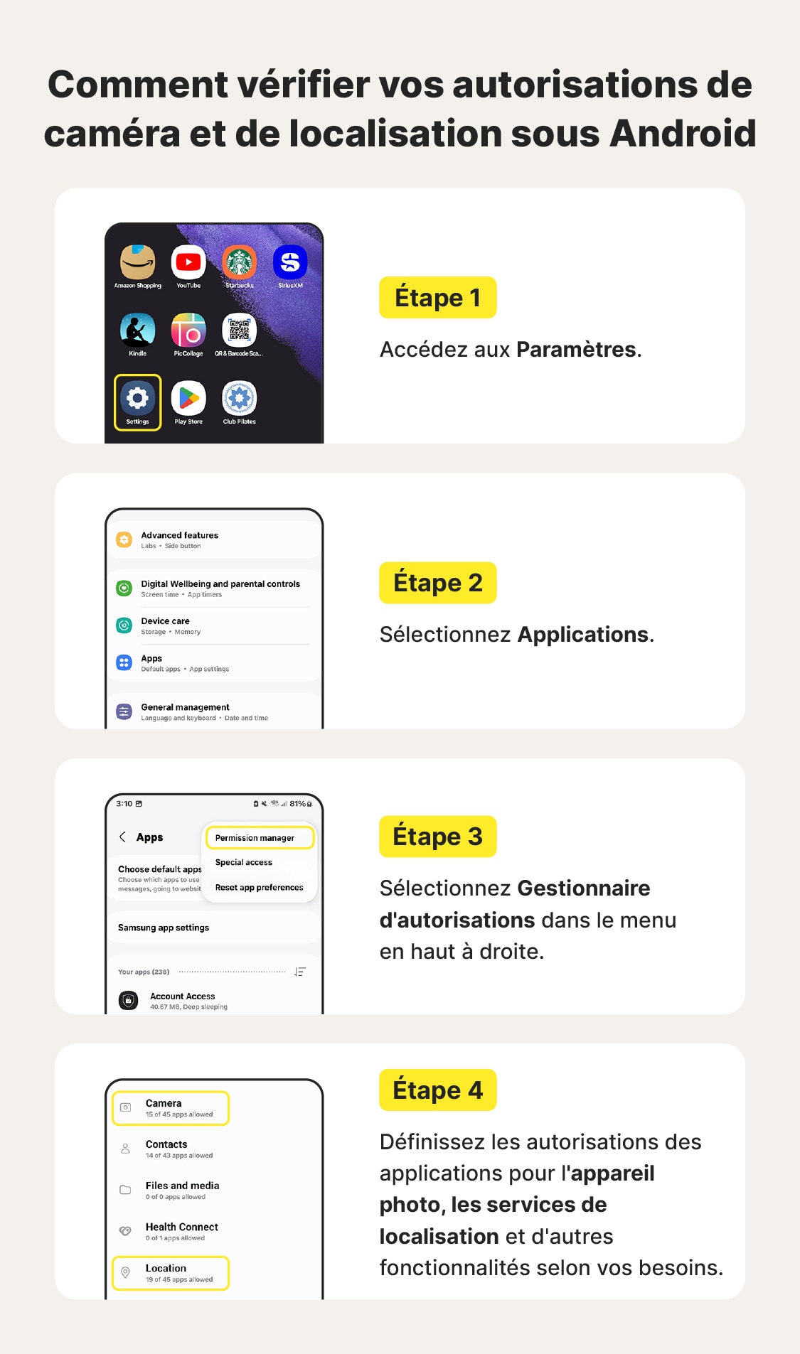 Étapes à suivre pour vérifier les autorisations relatives à la caméra et à la localisation sur un téléphone Android.