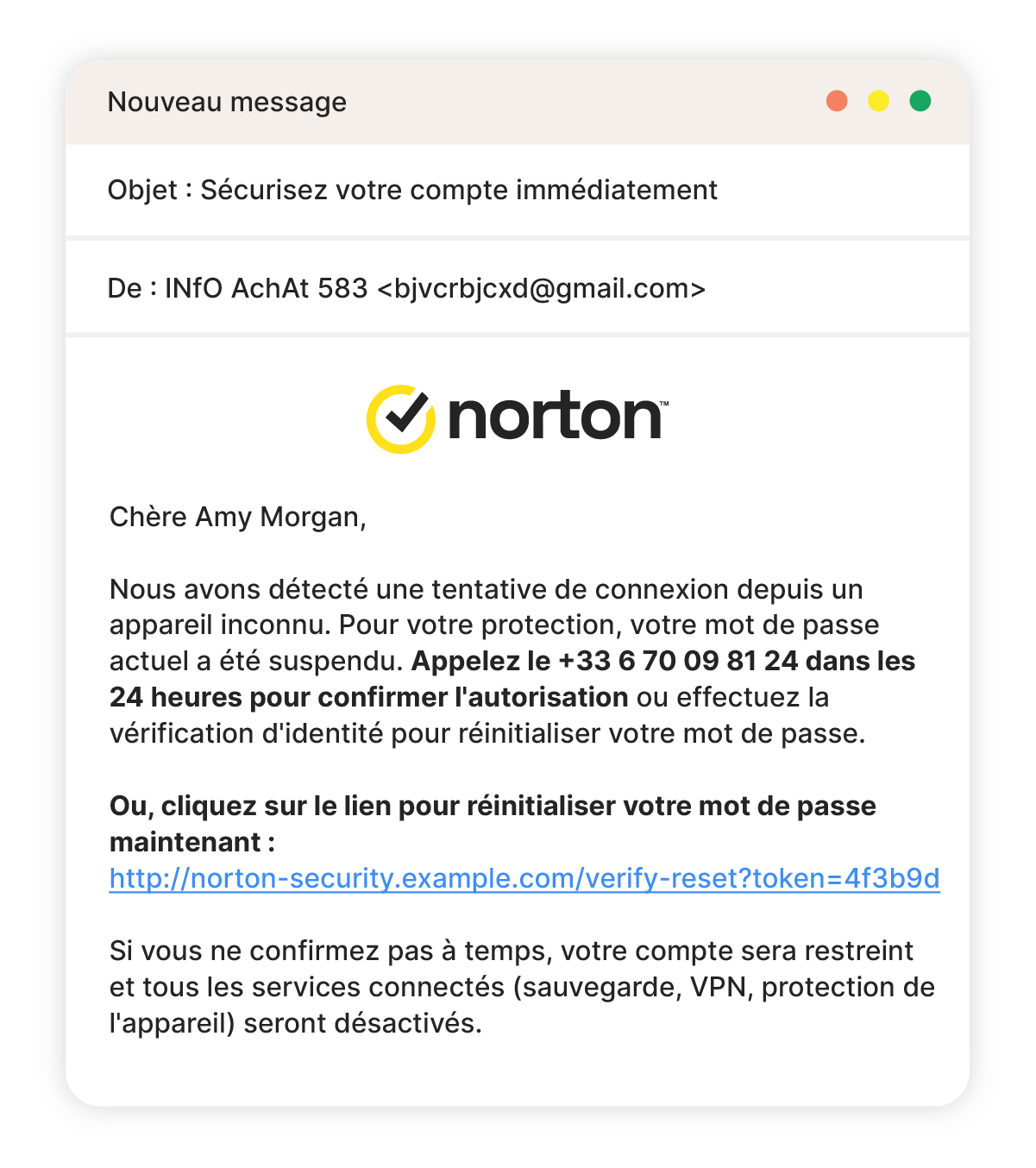 Un exemple d'escroquerie par e-mail de Norton concernant une alerte de réinitialisation de mot de passe.