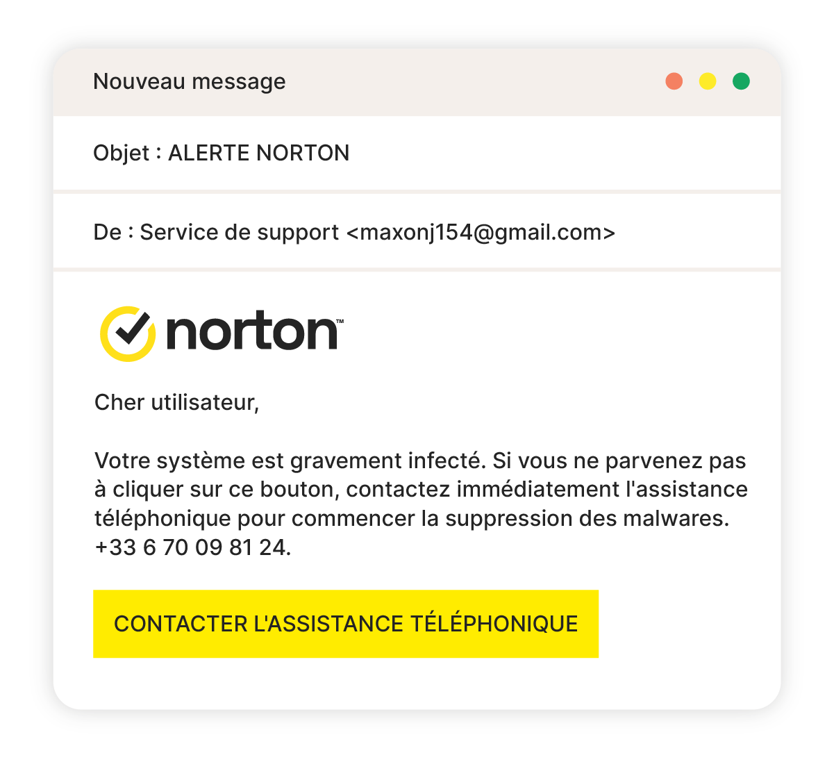 Un exemple d'escroquerie au support par e-mail de Norton.
