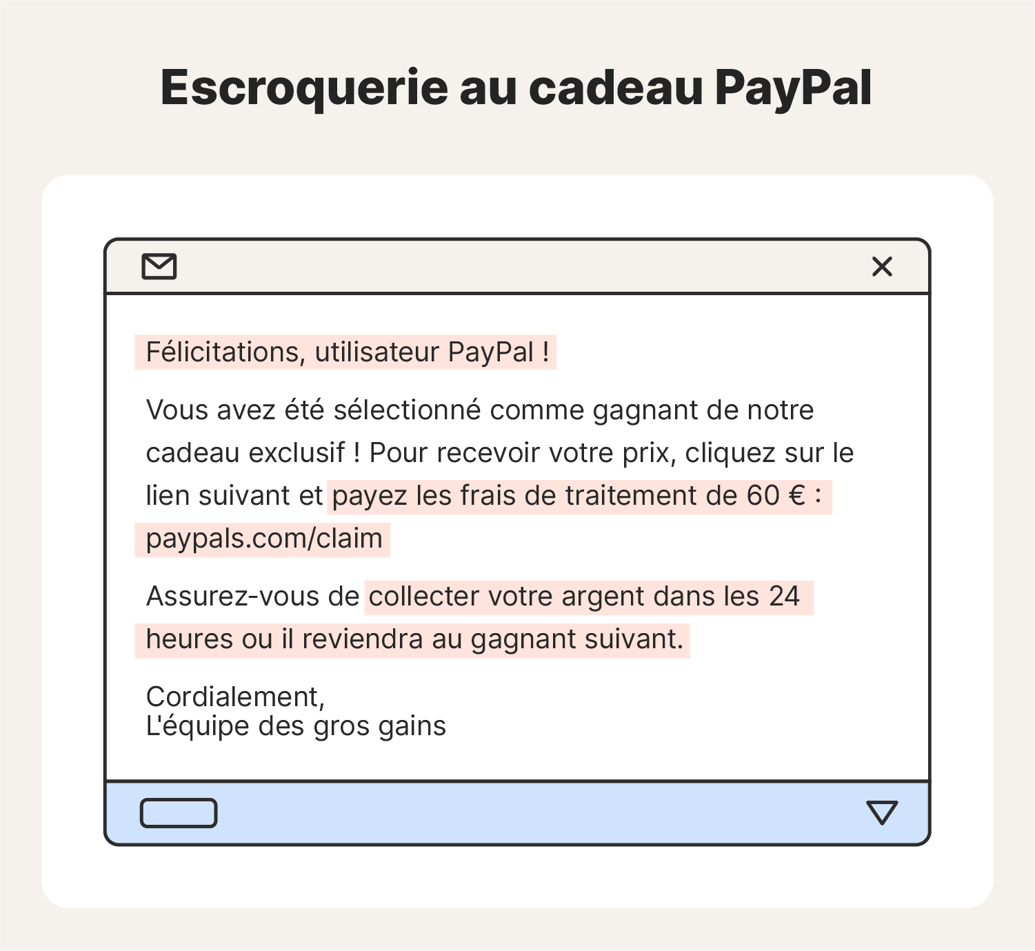 Exemple de message d'escroquerie de PayPal concernant un cadeau. 