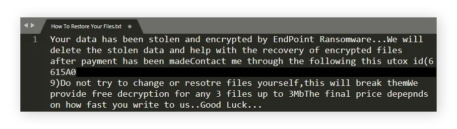 Exemple de note de rançon pour la variante .endpoint du ransomware Midnight.