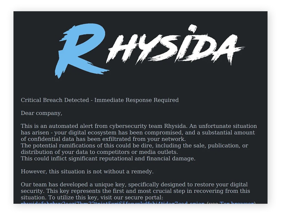 Exemple de note de rançon Rhysida.