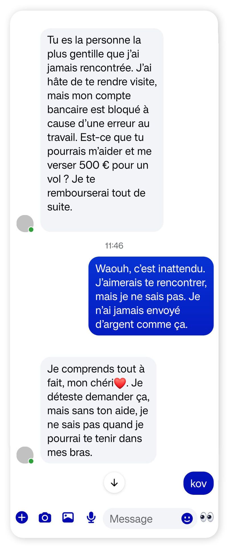 Un forum de discussion impliquant une escroquerie sentimentale sur Facebook.