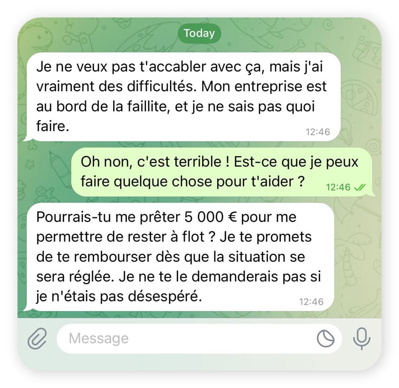 Un forum de discussion impliquant une escroquerie sentimentale sur Telegram.
