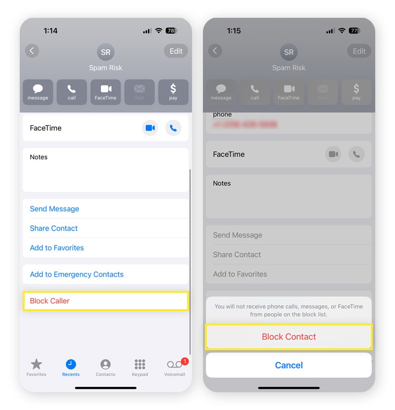 Image montrant comment bloquer un appel indésirable ou d'escroquerie sur un iPhone.