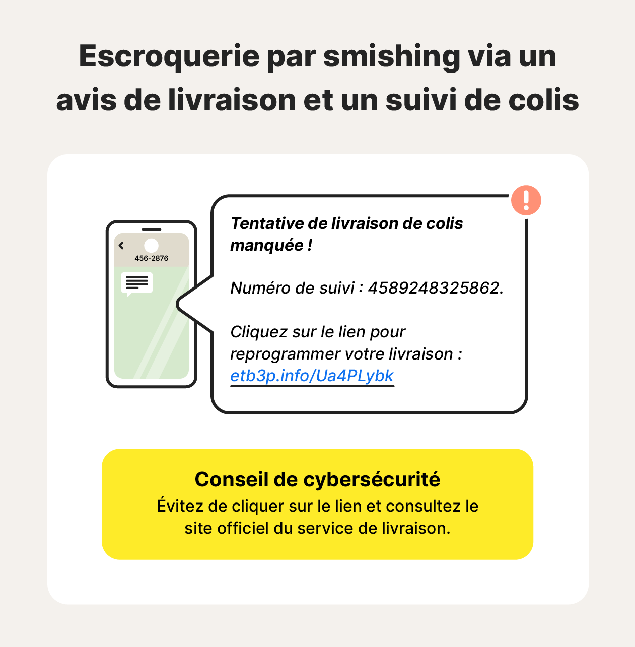 Une illustration montre un exemple d'escroquerie par smishing via un avis de livraison et un suivi de colis associé à un conseil de protection contre les attaques de smishing.
