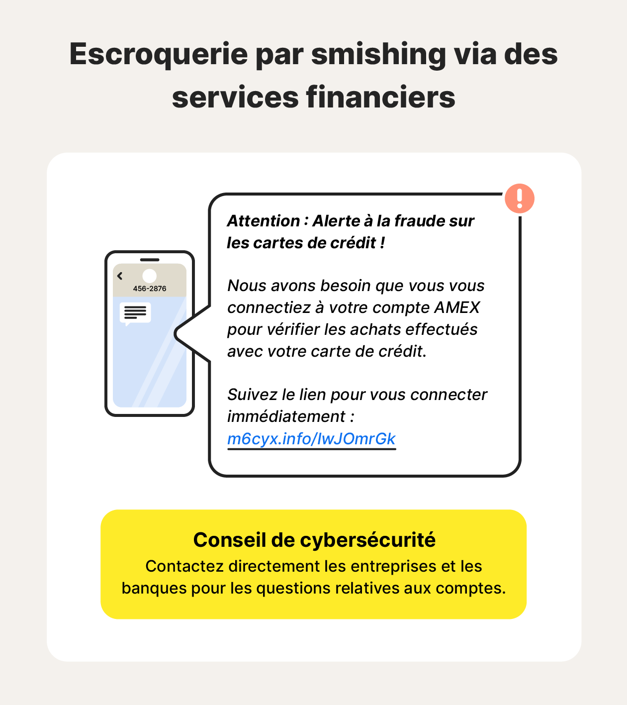 Une illustration accompagne un exemple d'escroquerie par smishing via des services financiers, ainsi qu'un conseil de protection contre les attaques de smishing.
