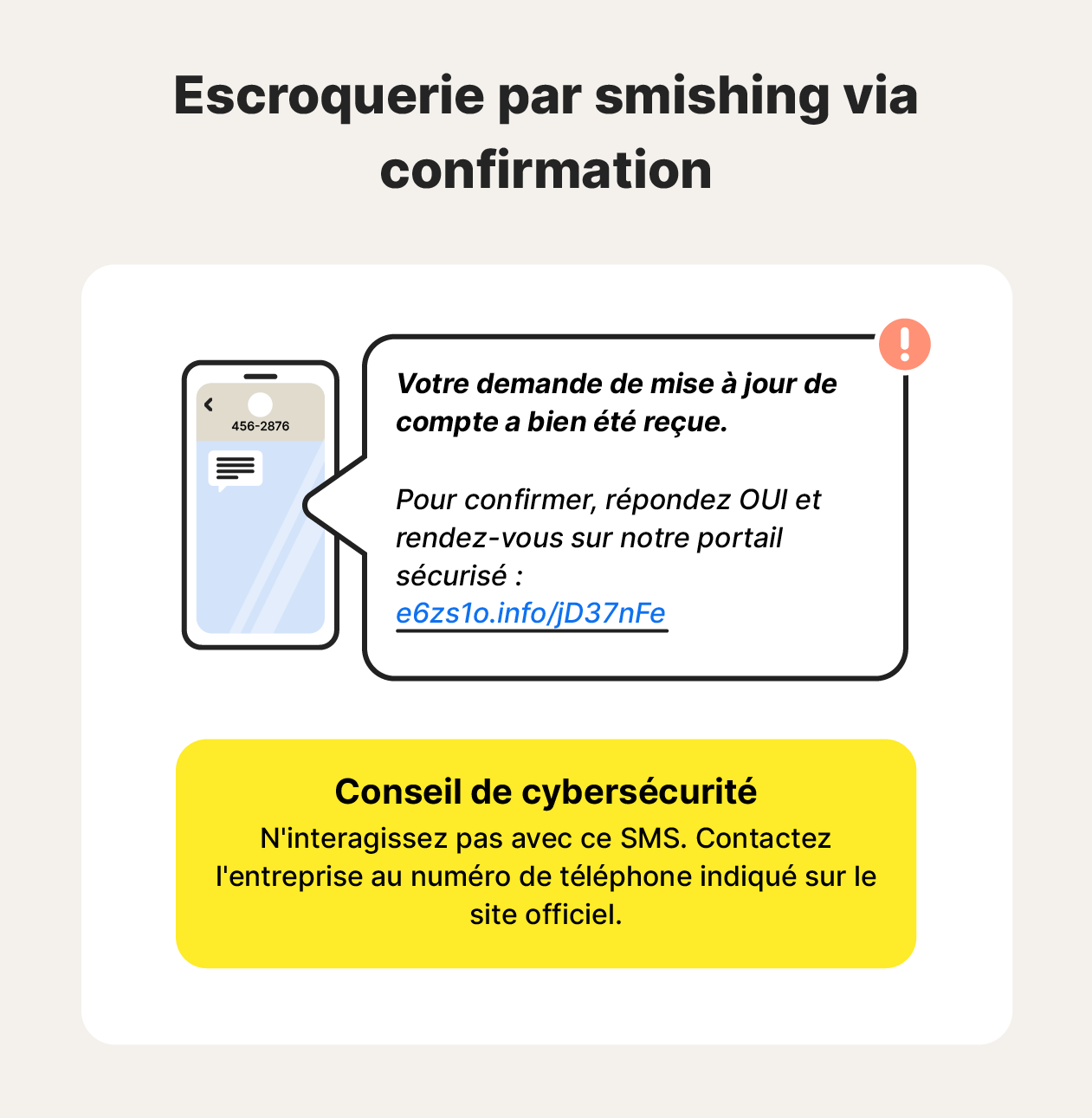Une illustration montre un exemple d'escroquerie par smishing via confirmation associé à un conseil de protection contre les attaques de smishing.