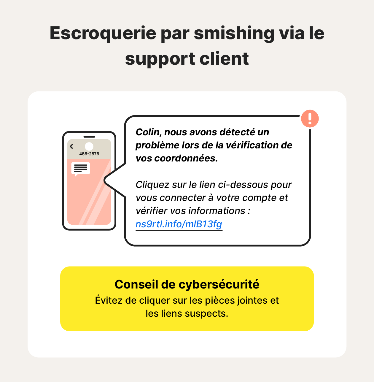 Une illustration montre un exemple d'escroquerie par smishing via le support client associé à un conseil de protection contre les attaques de smishing.