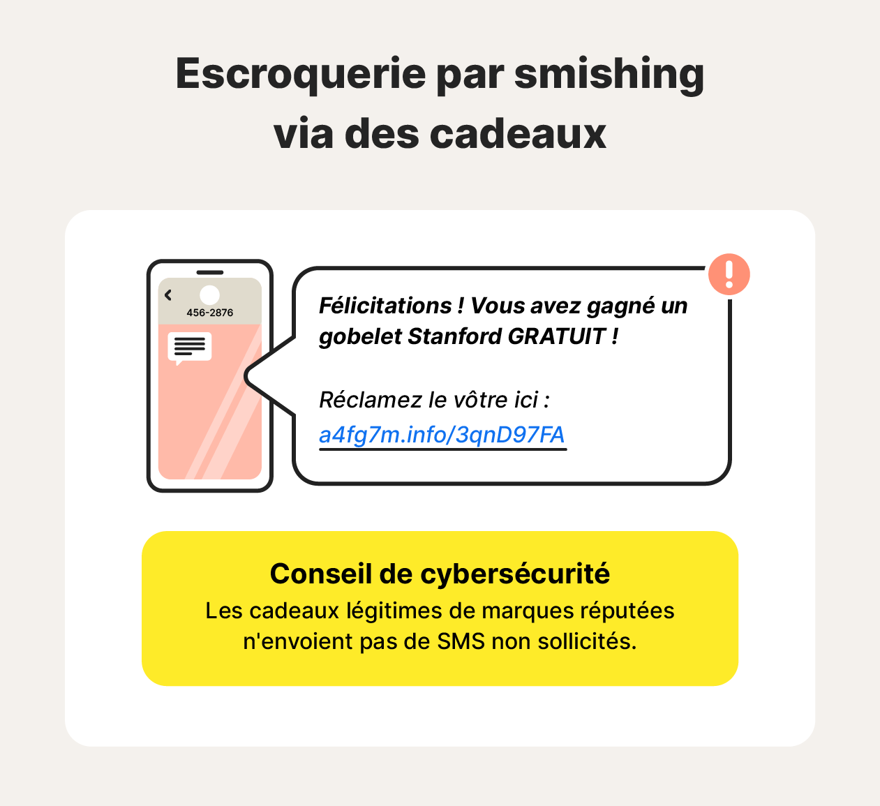 Une illustration montre un exemple d'escroquerie par smishing via un cadeau associé à un conseil de protection contre les attaques de smishing.