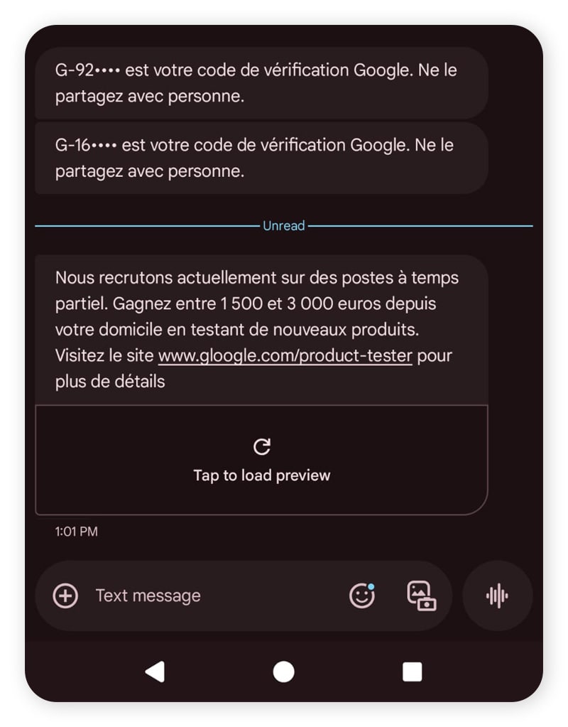 Exemple de spoofing SMS provenant d'un faux compte Google.