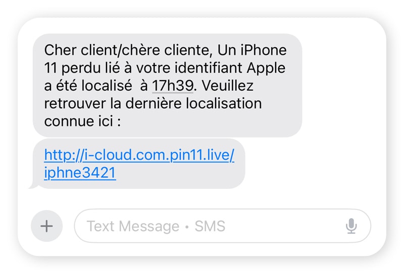 Exemple de spoofing SMS provenant d'un faux compte Apple Care.