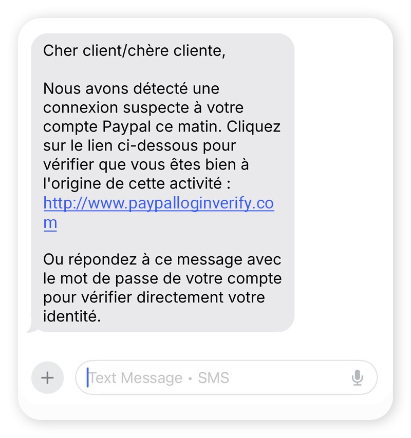 Exemple de spoofing SMS provenant d'un faux compte PayPal Care.