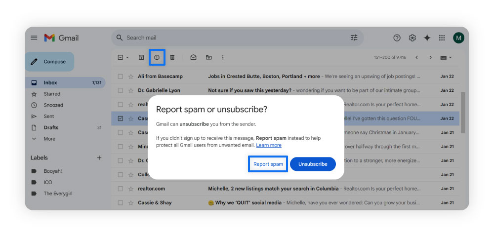 Instructions pour signaler le spam dans Gmail.