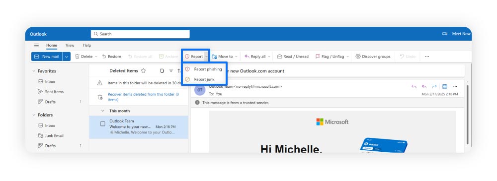 Instructions pour signaler le spam dans Outlook.